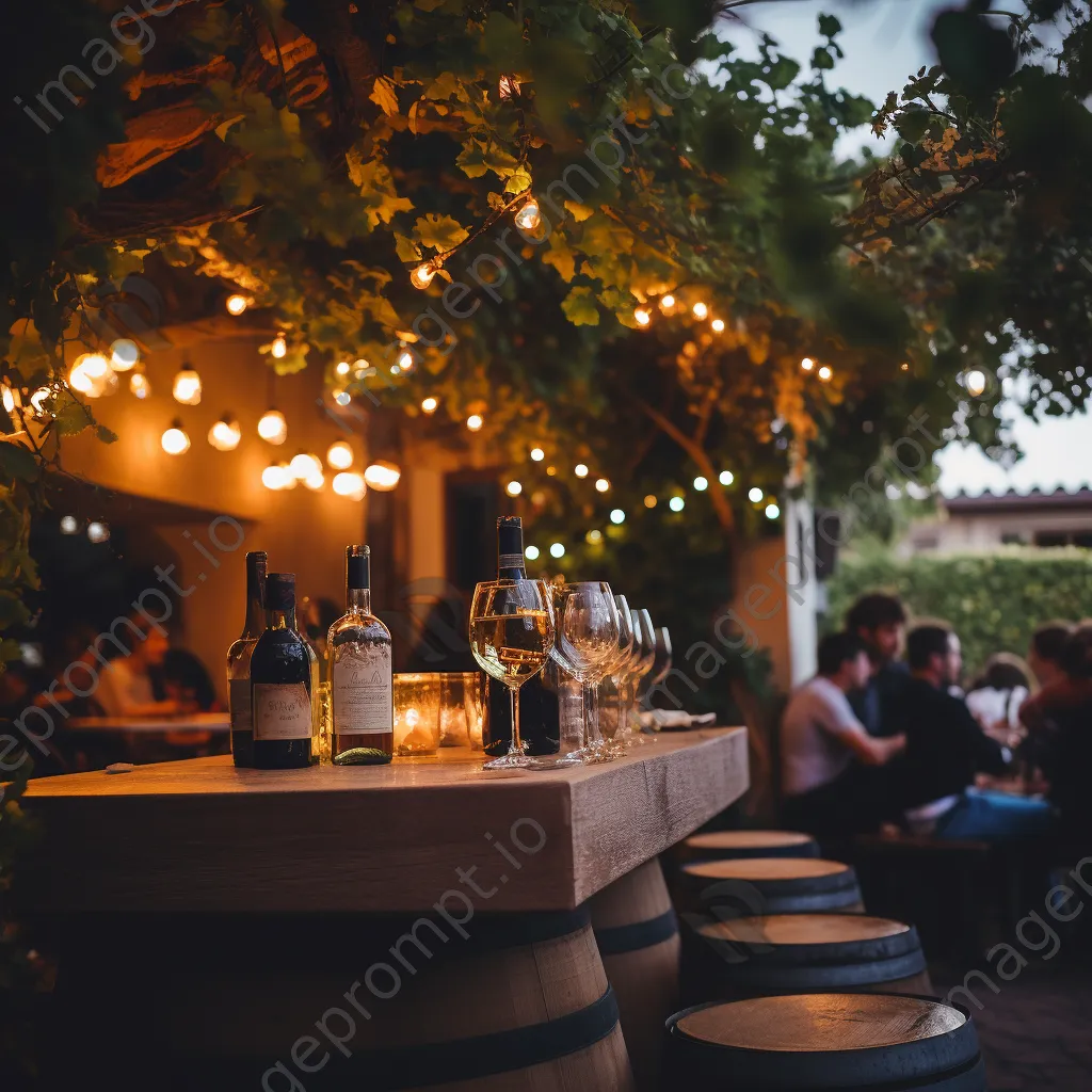 Cozy outdoor wine bar with string lights between grapevines - Image 1