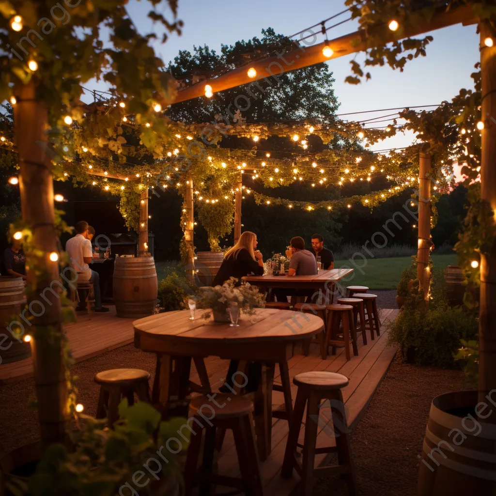 Cozy outdoor wine bar with string lights between grapevines - Image 2