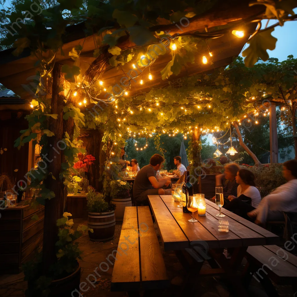 Cozy outdoor wine bar with string lights between grapevines - Image 3