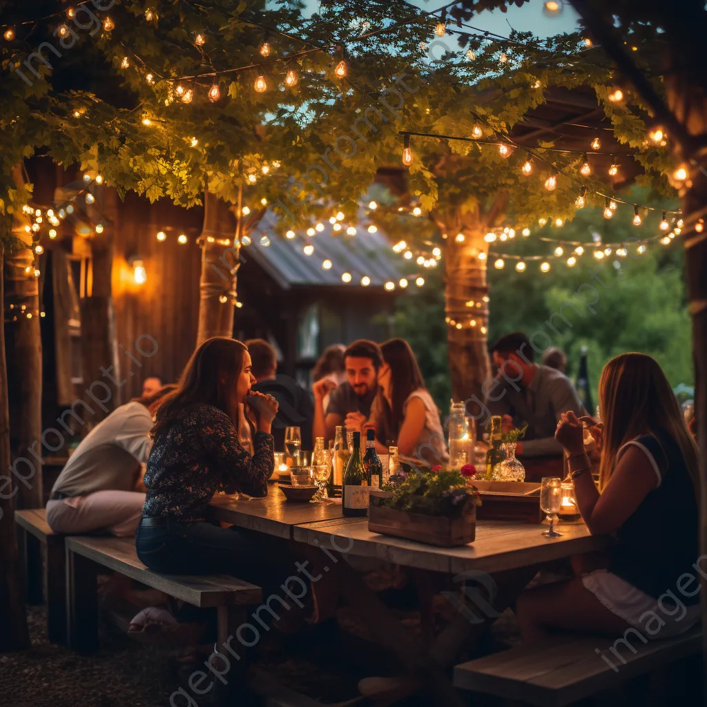 Cozy outdoor wine bar with string lights between grapevines - Image 4