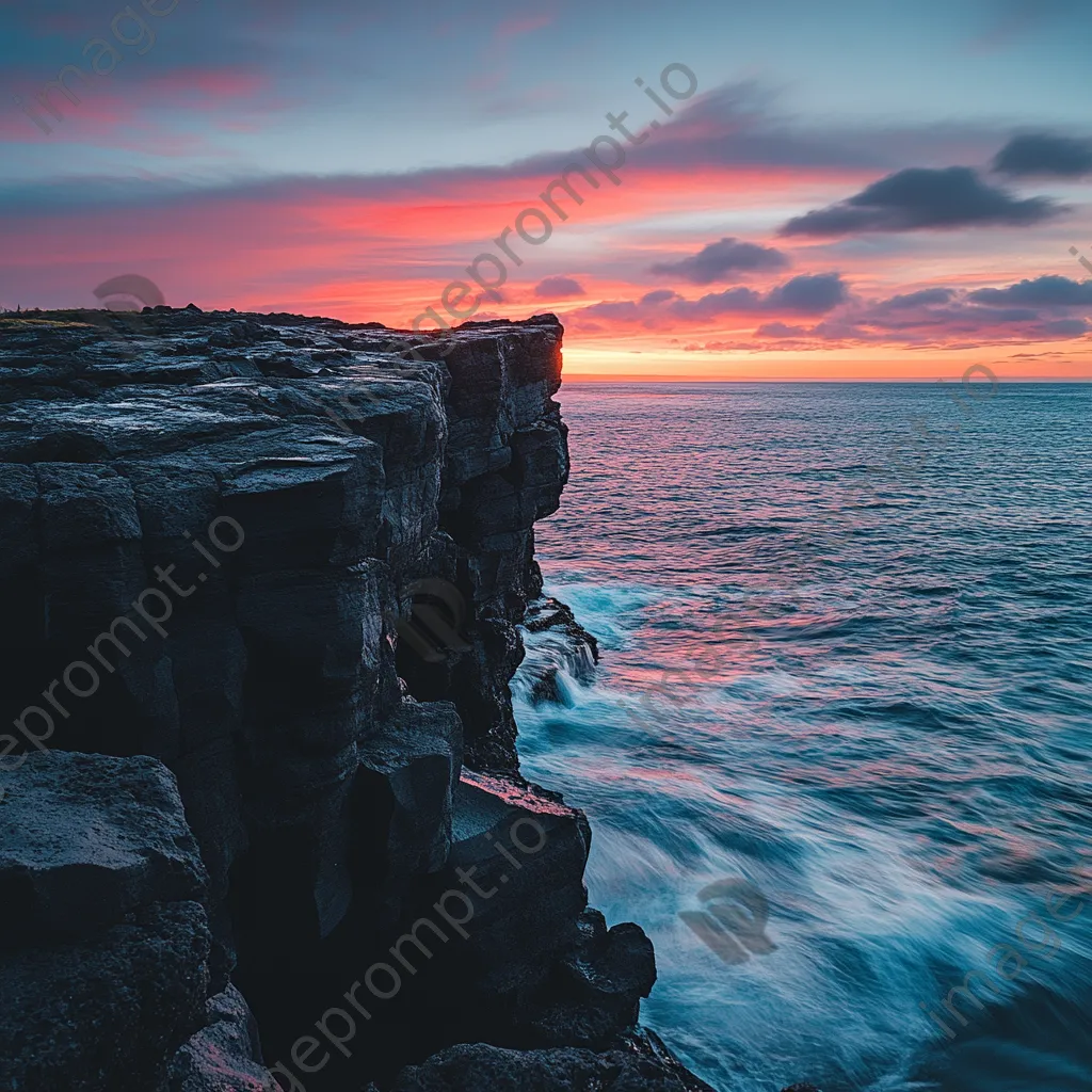 Black lava rock faces contrasting with a colorful sunset and ocean waves. - Image 1