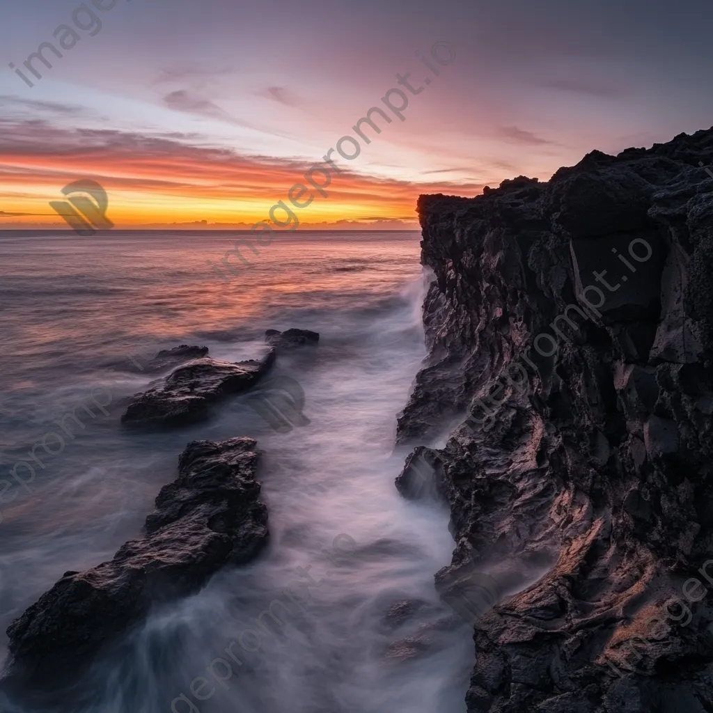 Black lava rock faces contrasting with a colorful sunset and ocean waves. - Image 2