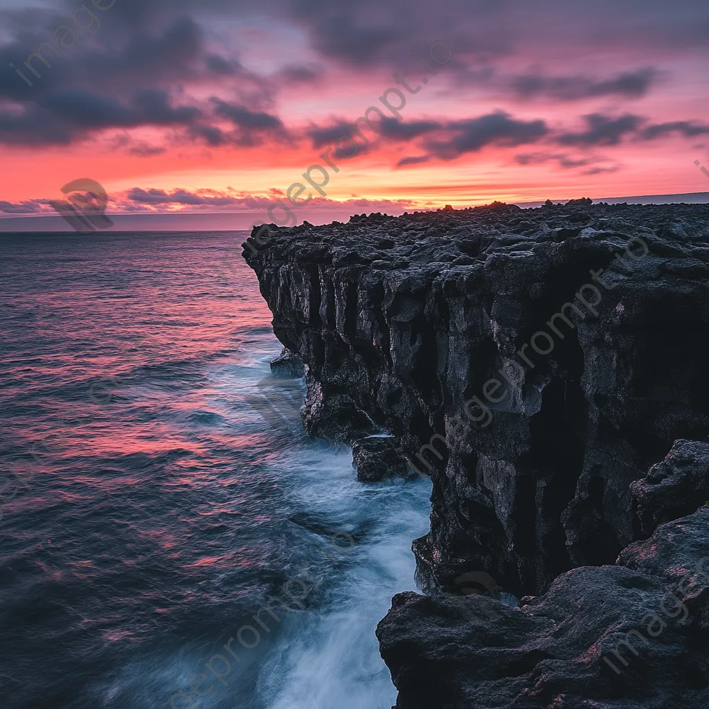 Black lava rock faces contrasting with a colorful sunset and ocean waves. - Image 3