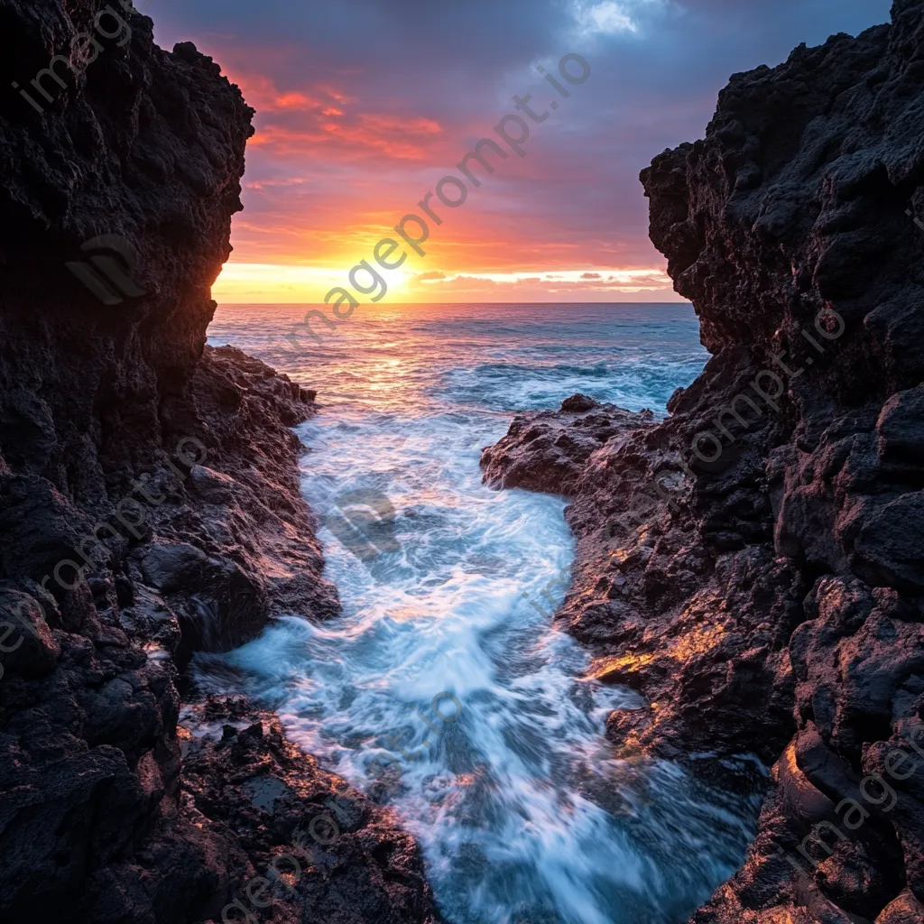 Black lava rock faces contrasting with a colorful sunset and ocean waves. - Image 4