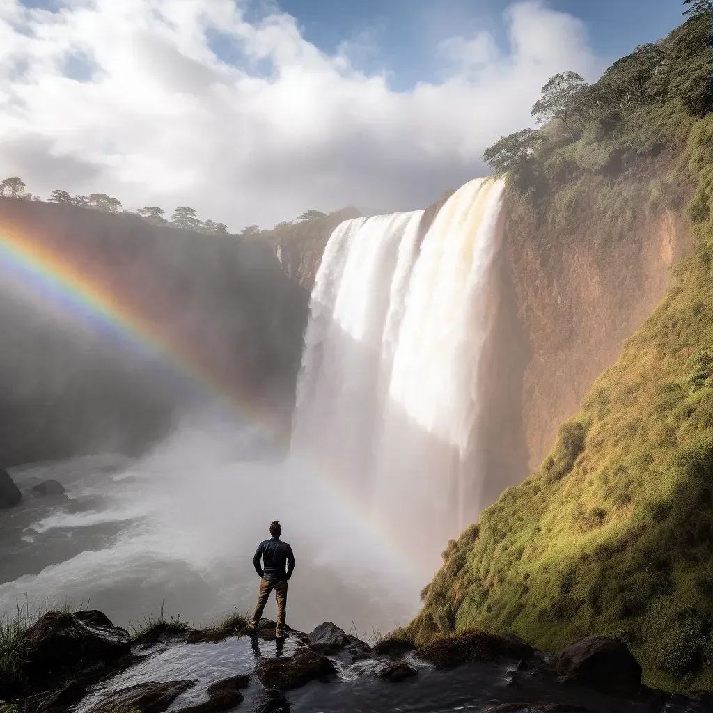 A person admiring a rainbow over a waterfall - Image 1