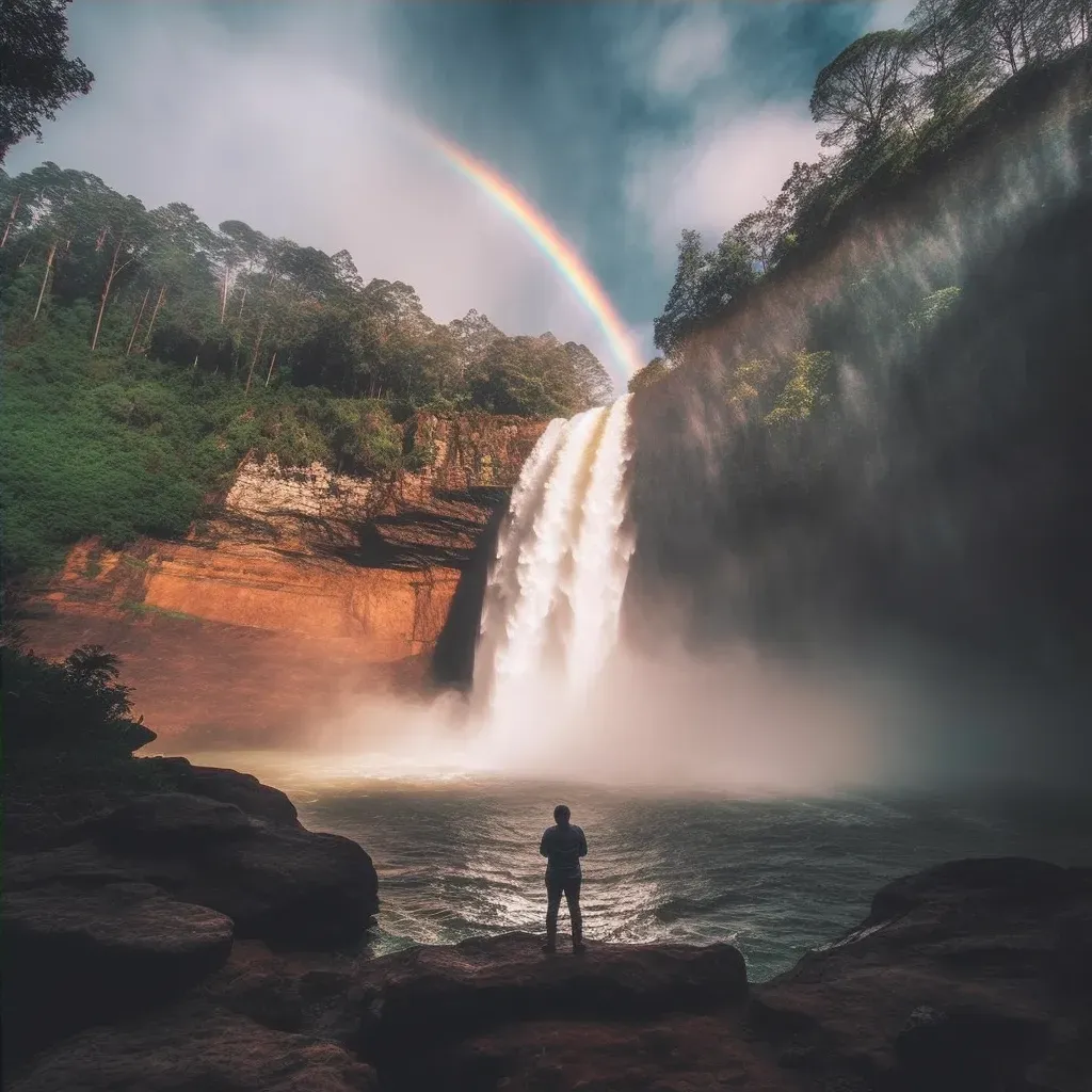 A person admiring a rainbow over a waterfall - Image 4