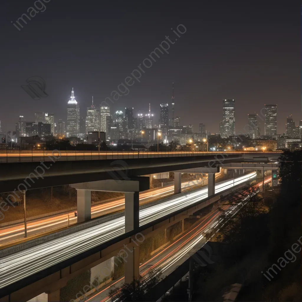 Highway overpass with light trails from passing vehicles and city skyline at night - Image 1