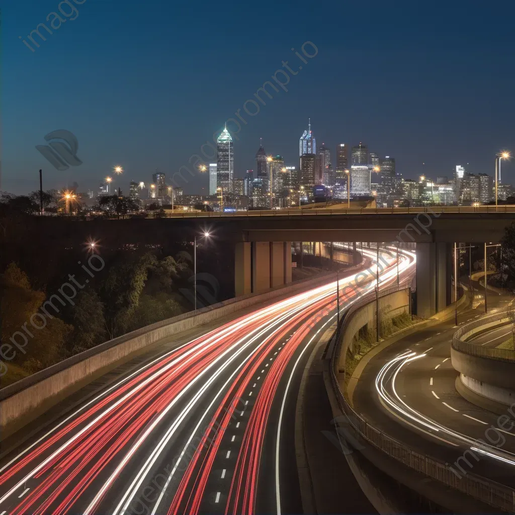 Highway overpass with light trails from passing vehicles and city skyline at night - Image 2