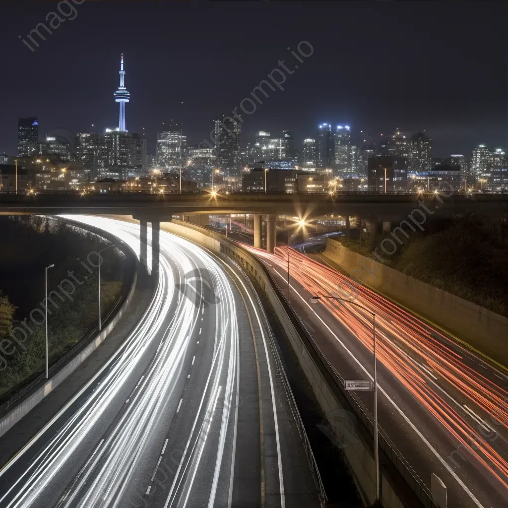 Highway overpass with light trails from passing vehicles and city skyline at night - Image 3