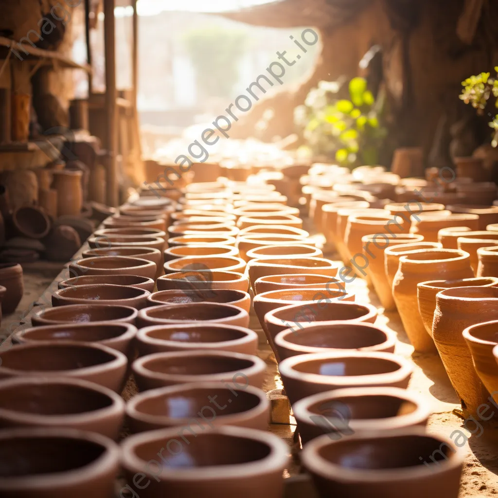 View of pottery workshop with rows of drying clay pots - Image 1