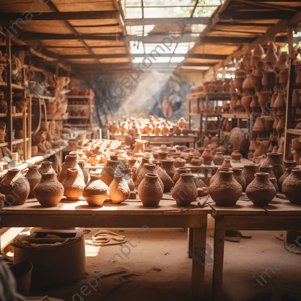 View of pottery workshop with rows of drying clay pots - Image 3