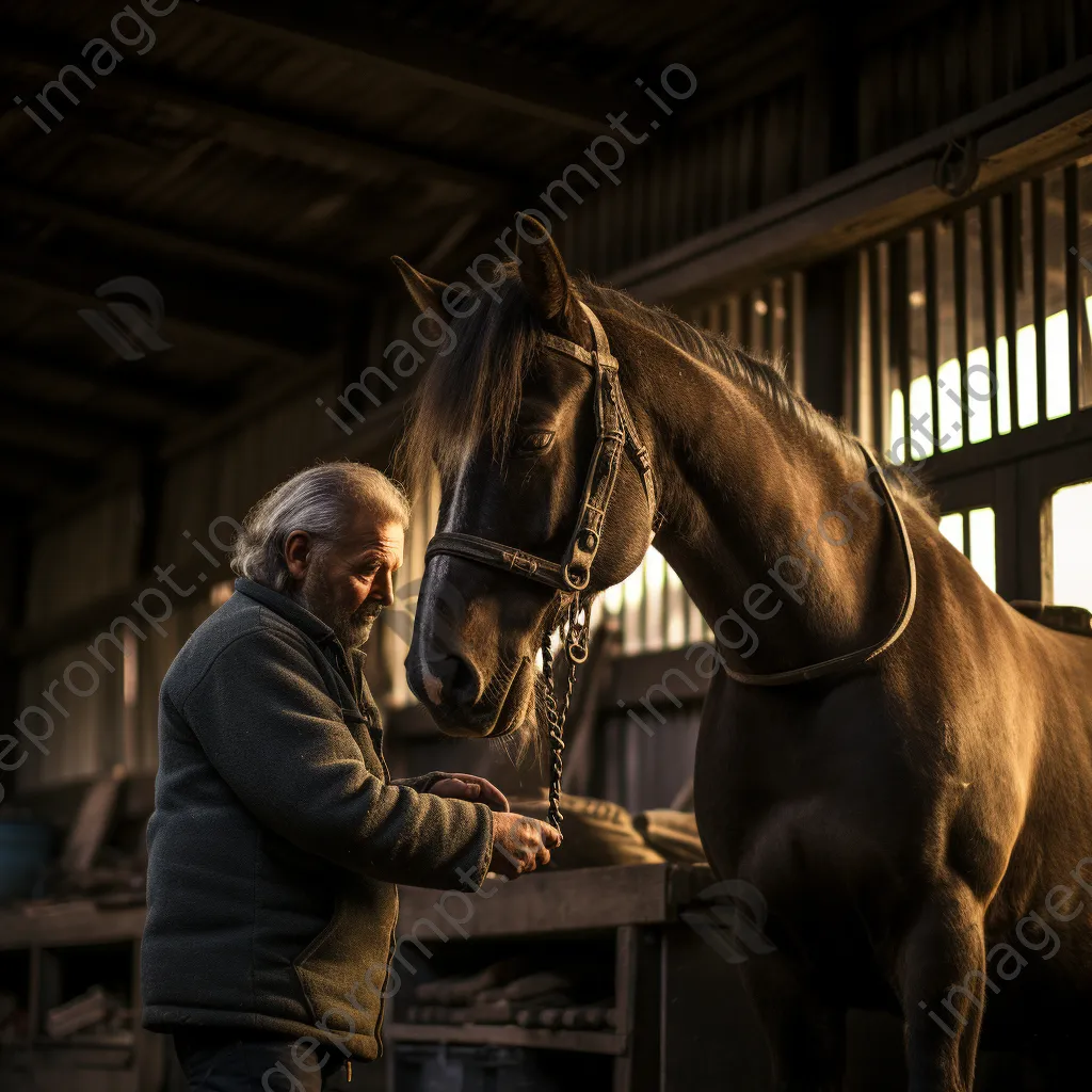 Caregiver grooming a heritage breeds horse in a rustic barn. - Image 1