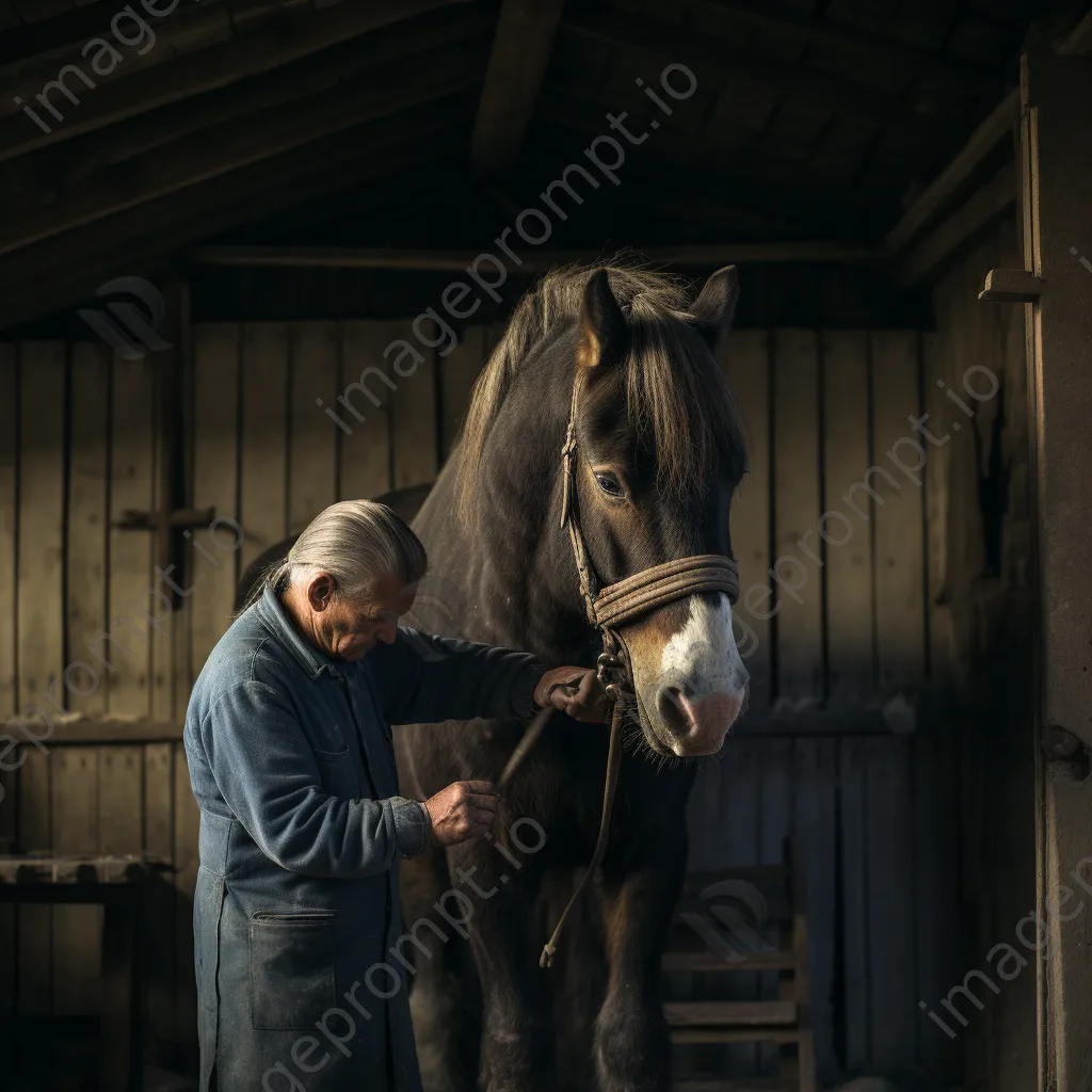 Caregiver grooming a heritage breeds horse in a rustic barn. - Image 2