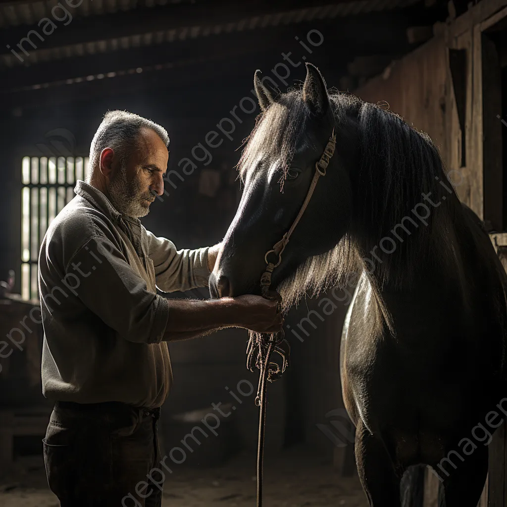 Caregiver grooming a heritage breeds horse in a rustic barn. - Image 3