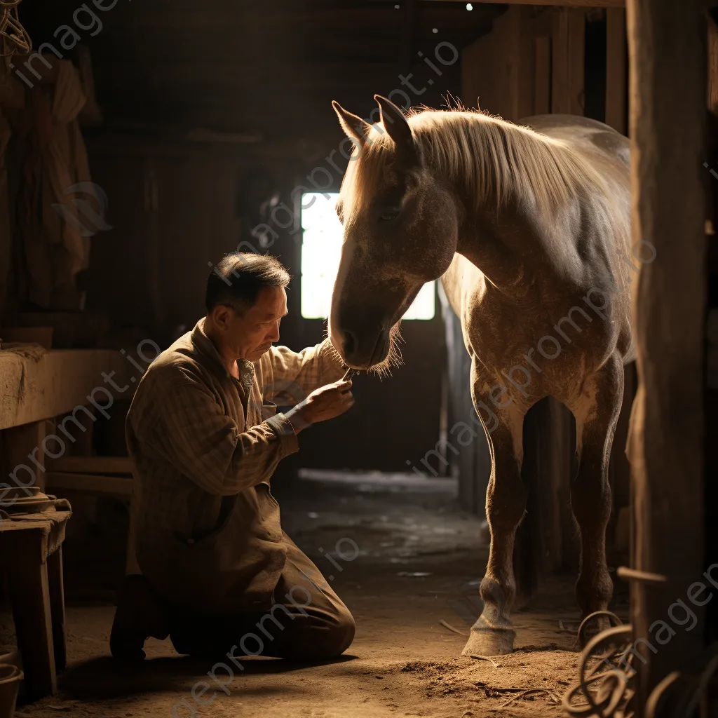 Caregiver grooming a heritage breeds horse in a rustic barn. - Image 4