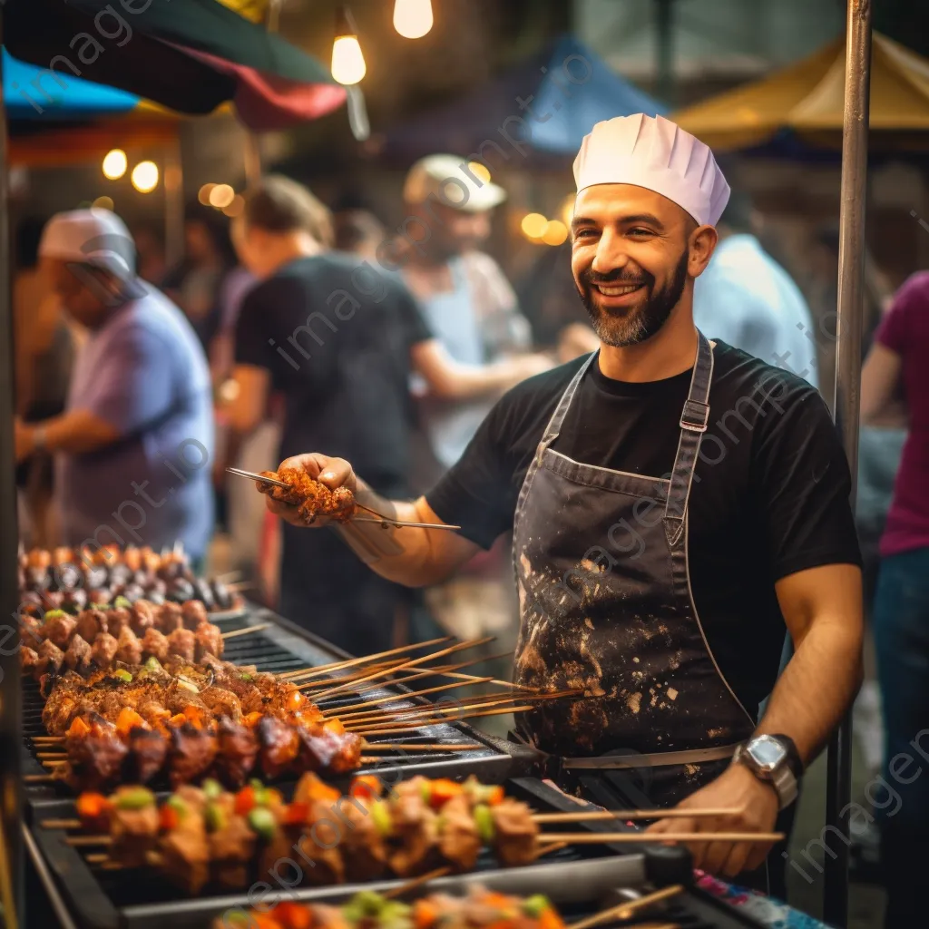 Street food chef grilling marinated chicken skewers at a food festival. - Image 2