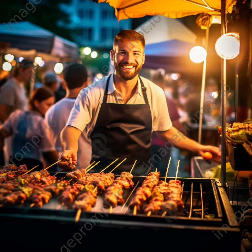 Street food chef grilling marinated chicken skewers at a food festival. - Image 3