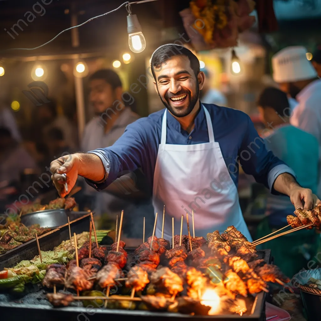 Street food chef grilling marinated chicken skewers at a food festival. - Image 4