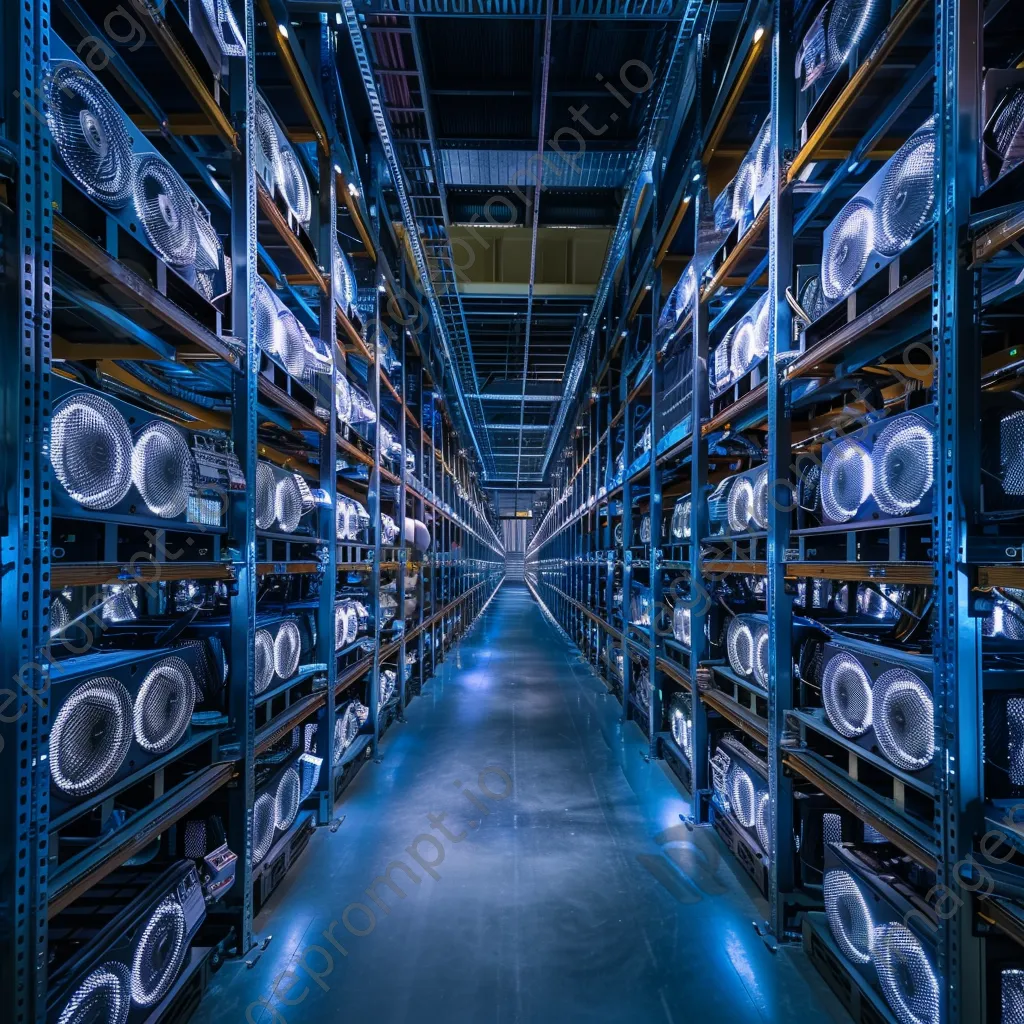 Sleek interior of a server farm with cooling systems illuminated by blue lighting. - Image 1