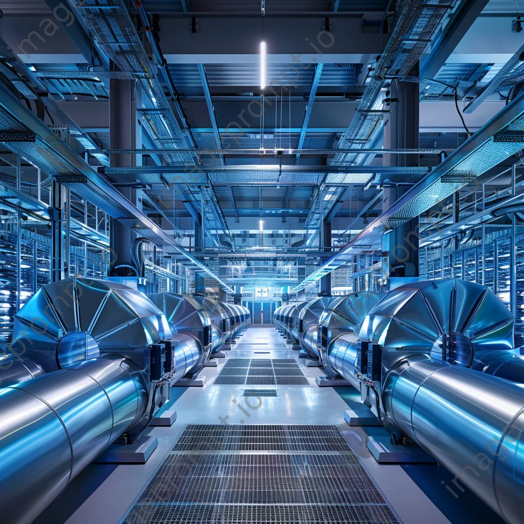 Sleek interior of a server farm with cooling systems illuminated by blue lighting. - Image 2