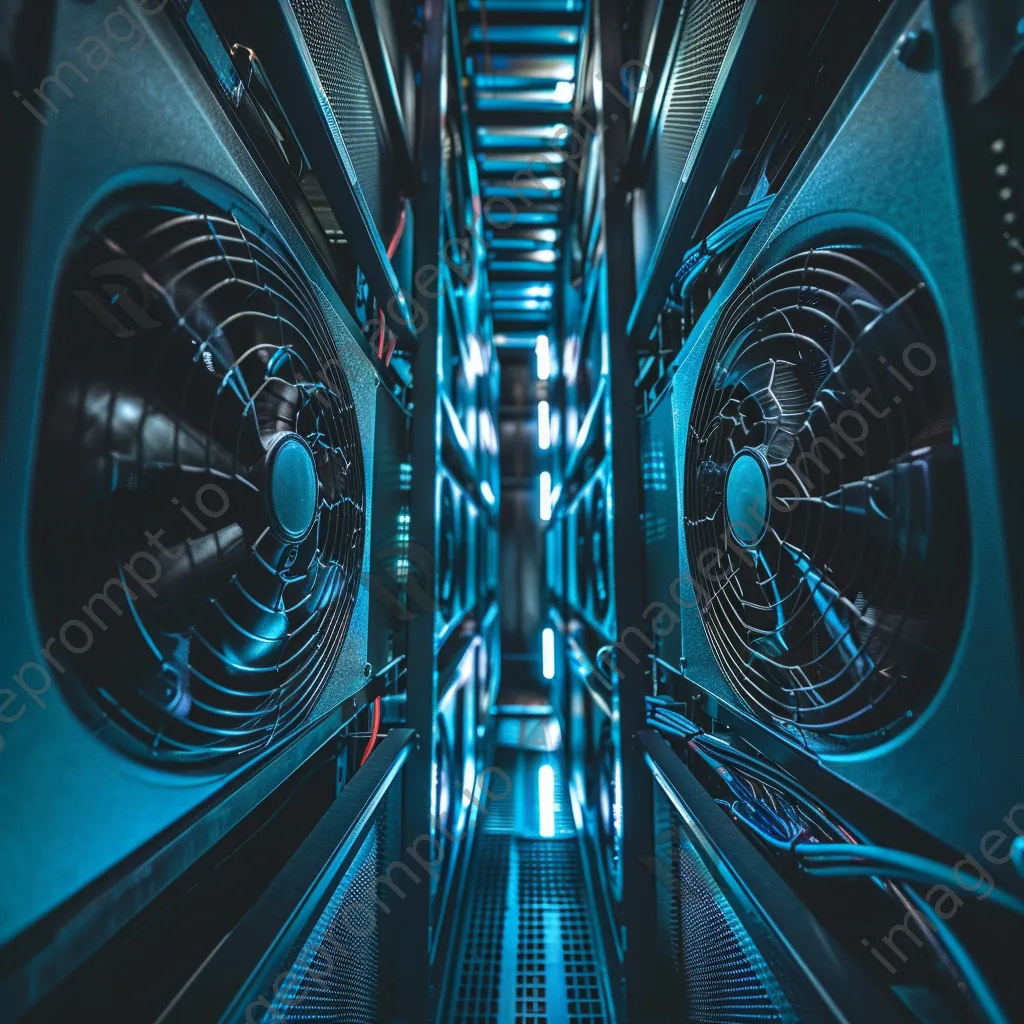 Sleek interior of a server farm with cooling systems illuminated by blue lighting. - Image 3