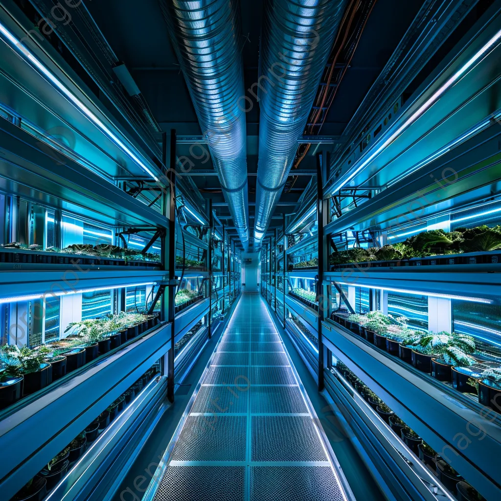 Sleek interior of a server farm with cooling systems illuminated by blue lighting. - Image 4