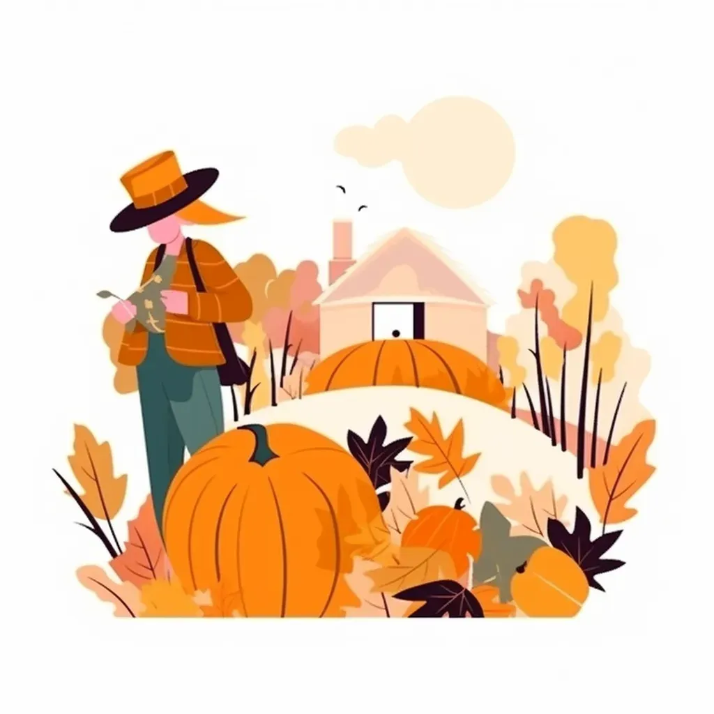 Autumn harvest festival logo with pumpkin patch, cozy cabin, falling leaves - Image 1