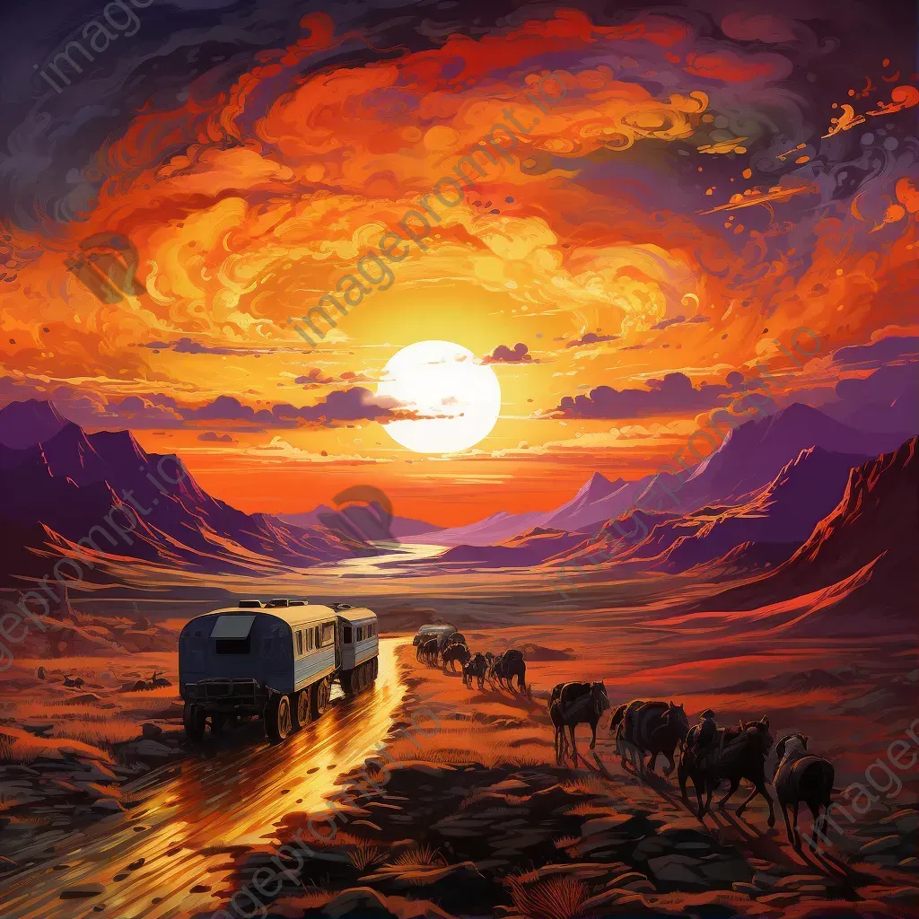 Digitally painted depiction of the Silk Road at sunset with desert caravans - Image 1