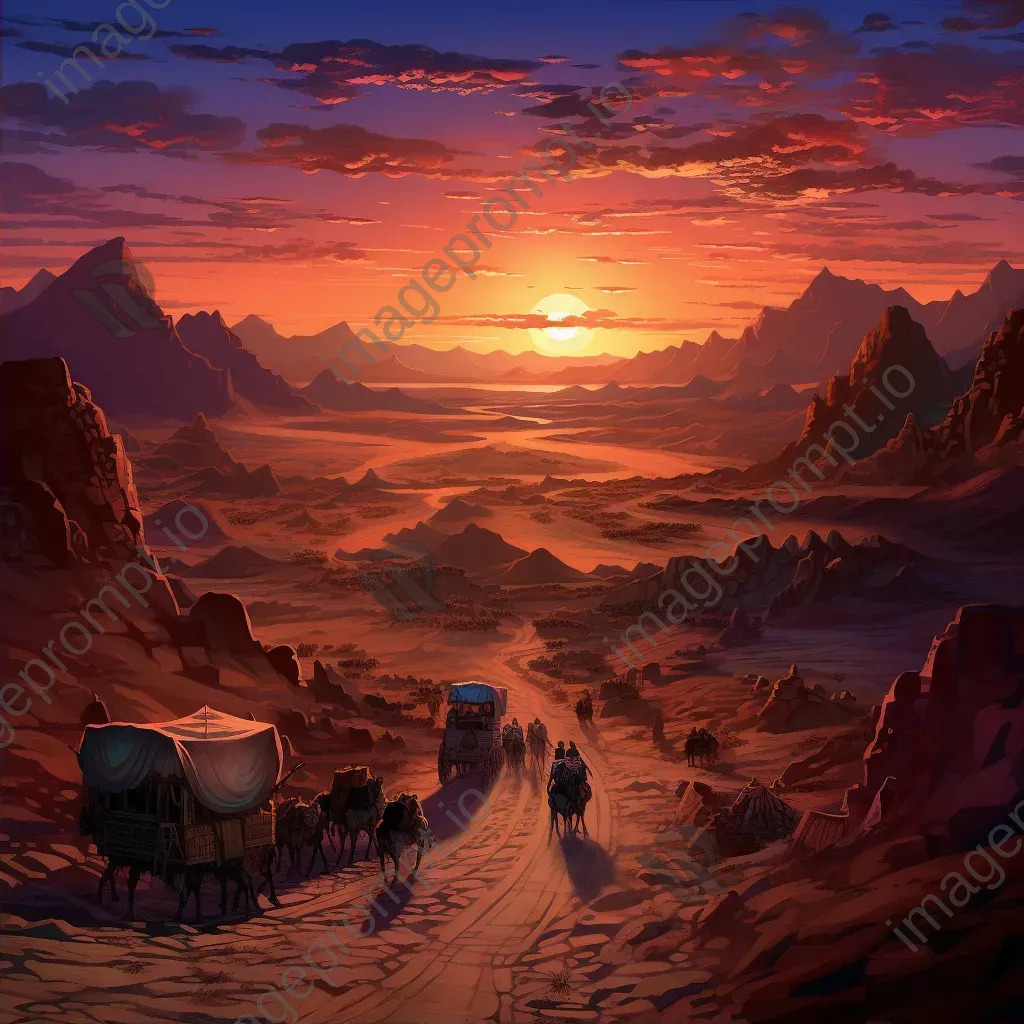 Digitally painted depiction of the Silk Road at sunset with desert caravans - Image 2