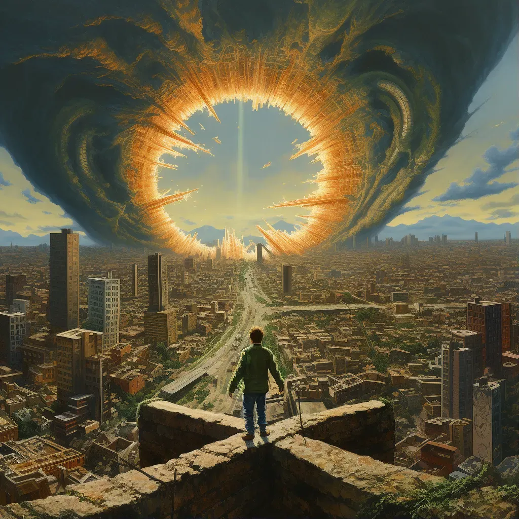 Time traveler emerging from a vortex into a post-apocalyptic cityscape - Image 1