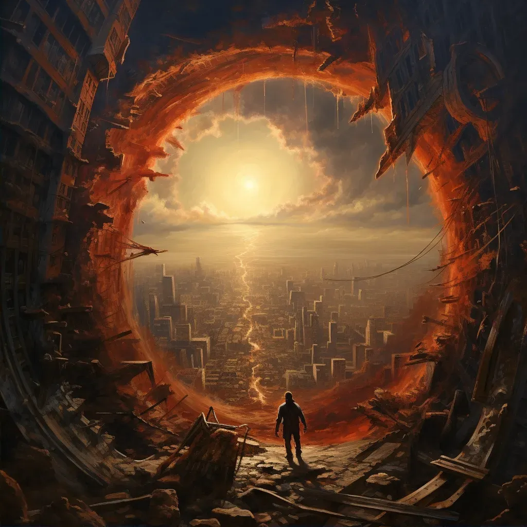 Time traveler emerging from a vortex into a post-apocalyptic cityscape - Image 2