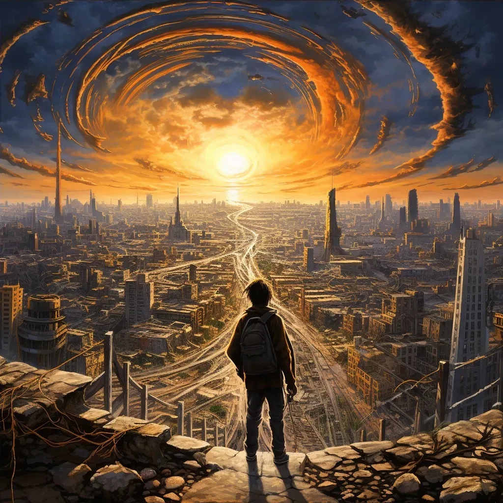 Time traveler emerging from a vortex into a post-apocalyptic cityscape - Image 4