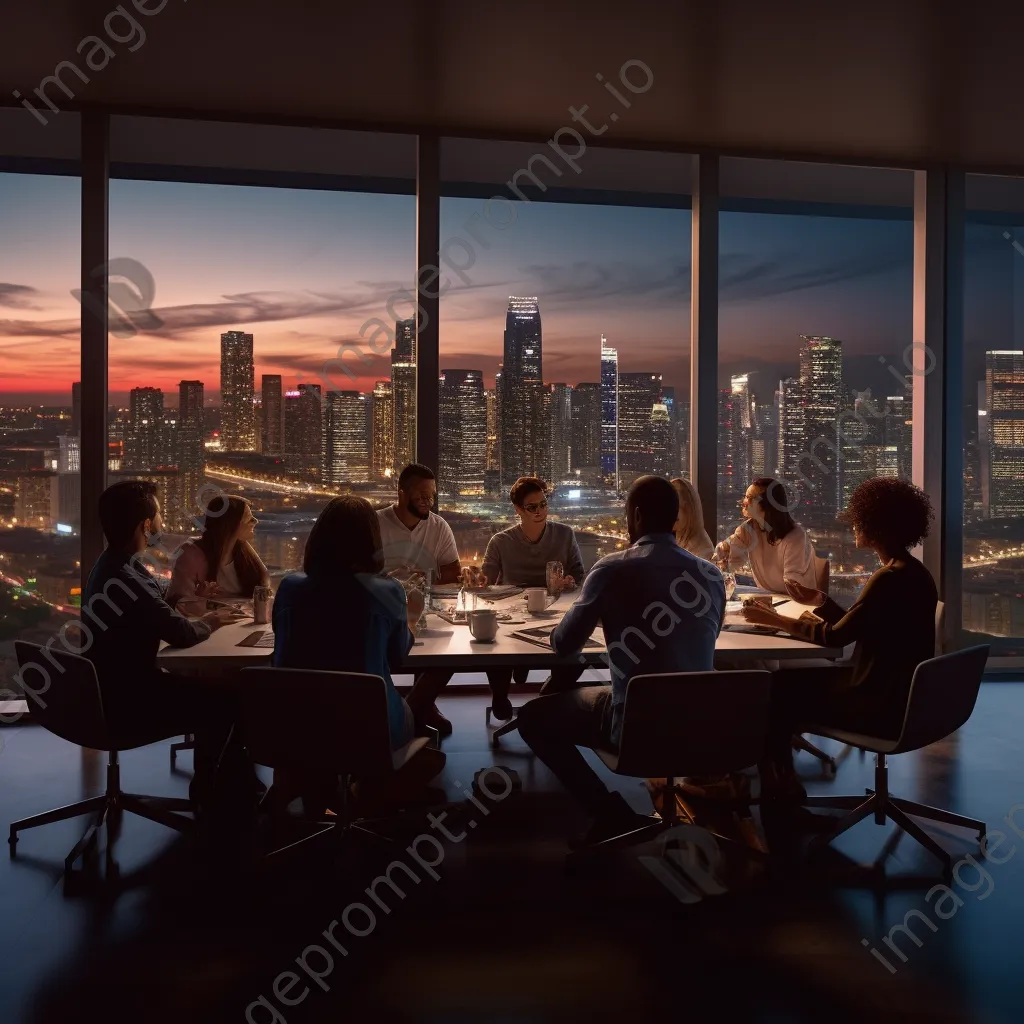 Diverse leaders brainstorming in a conference room with a city view - Image 1