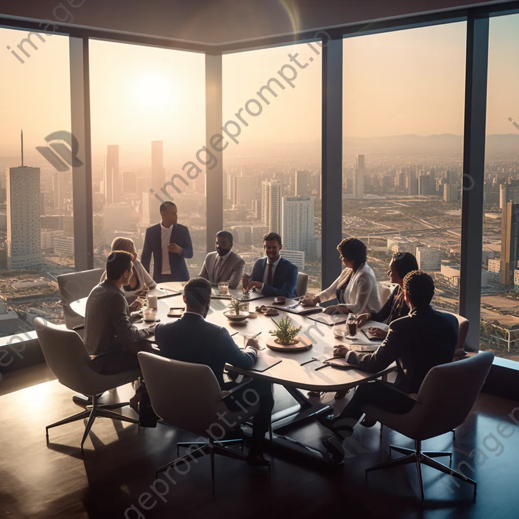 Diverse leaders brainstorming in a conference room with a city view - Image 3