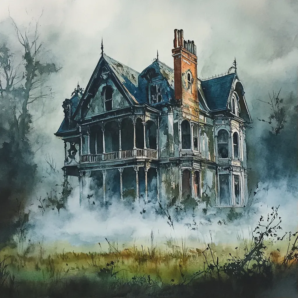 Eerie Victorian mansion veiled in morning fog, encapsulating dreams and nightmares, in drybrush watercolor - Image 1