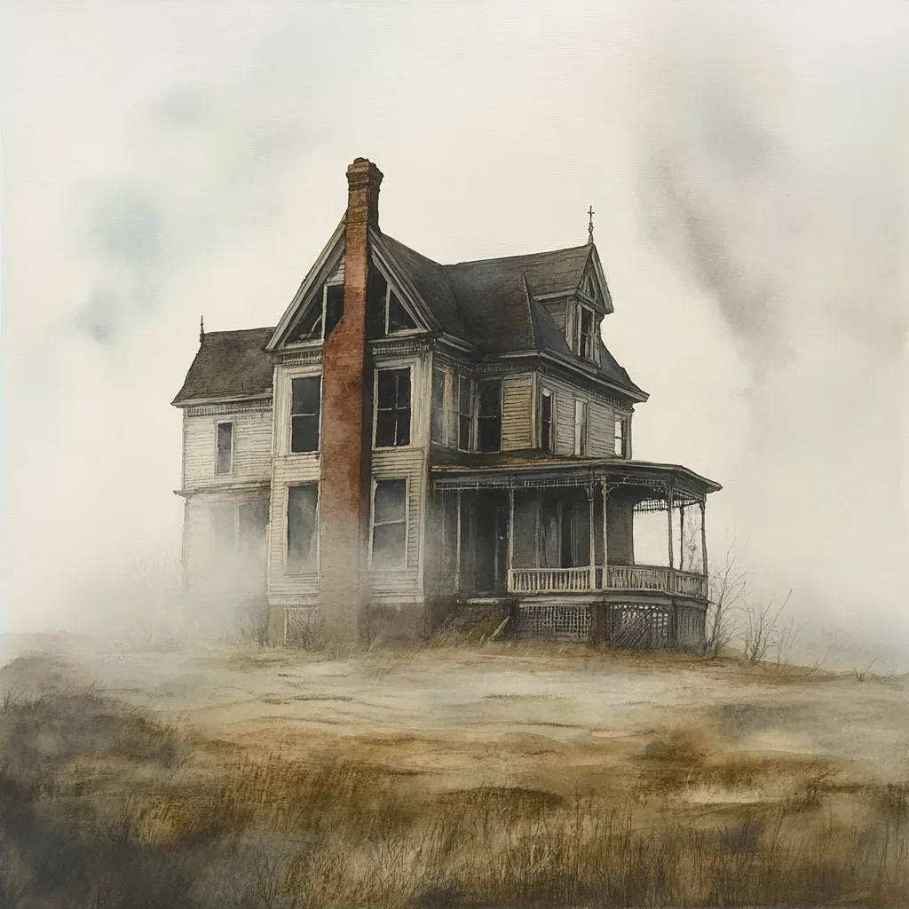 Eerie Victorian mansion veiled in morning fog, encapsulating dreams and nightmares, in drybrush watercolor - Image 2