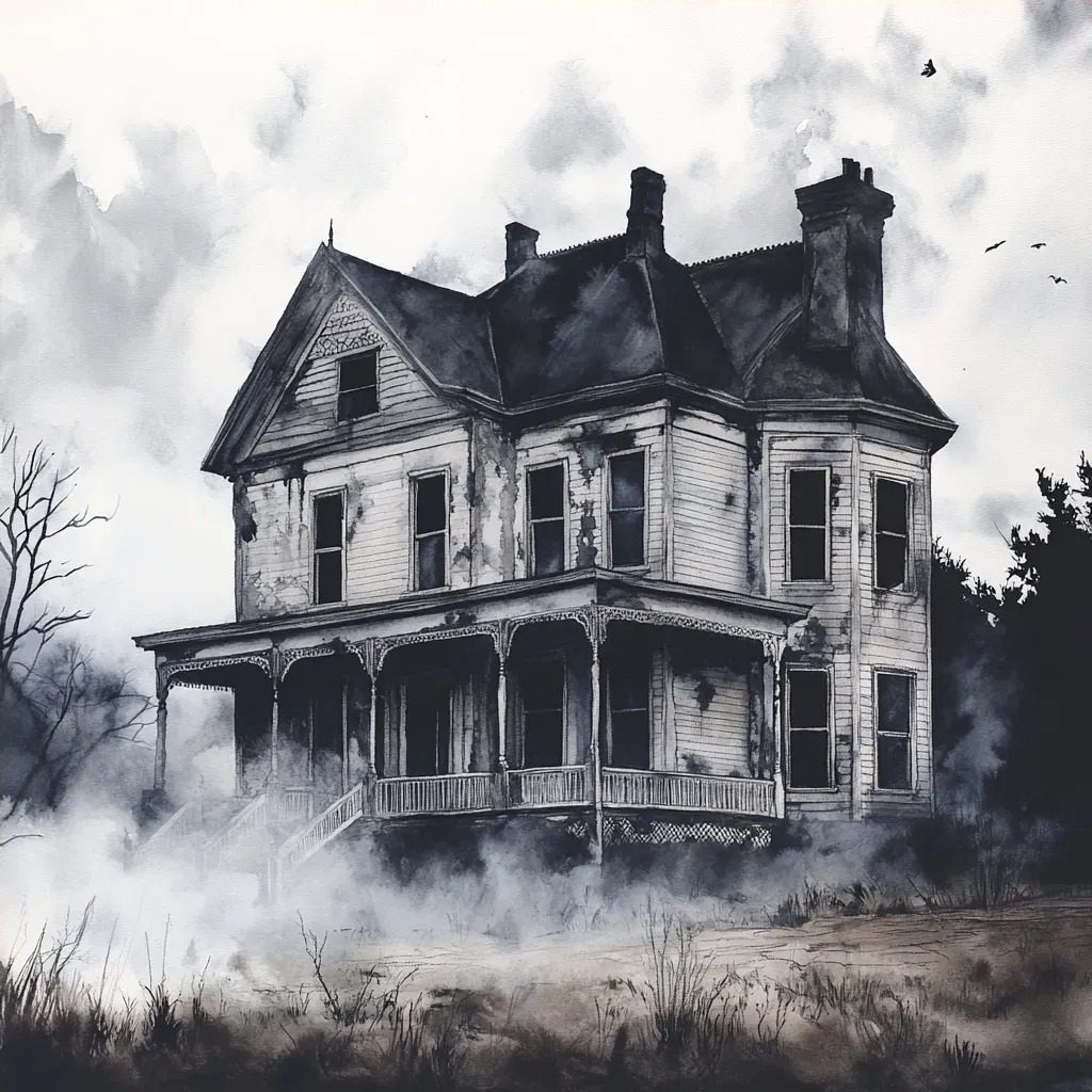 Eerie Victorian mansion veiled in morning fog, encapsulating dreams and nightmares, in drybrush watercolor - Image 4