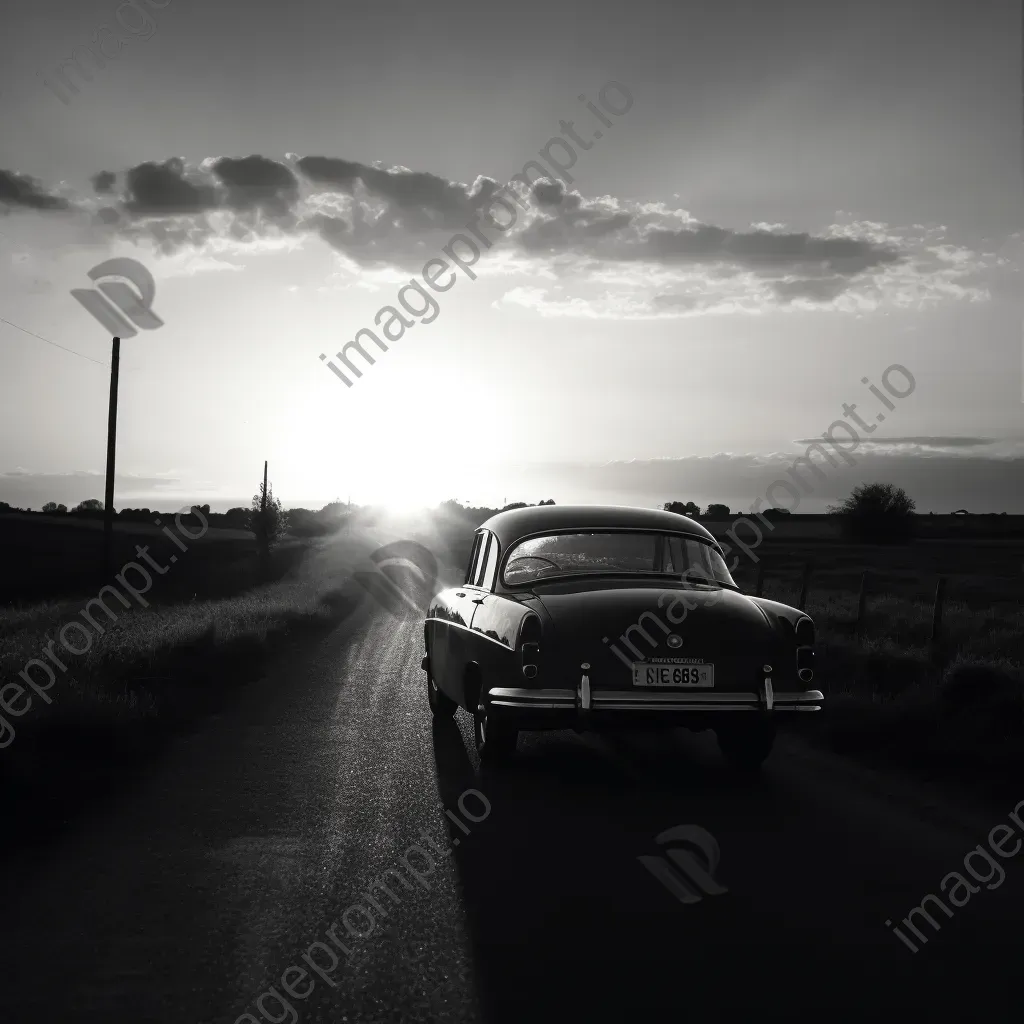 Vintage black and white car on deserted road at sunset - Image 1