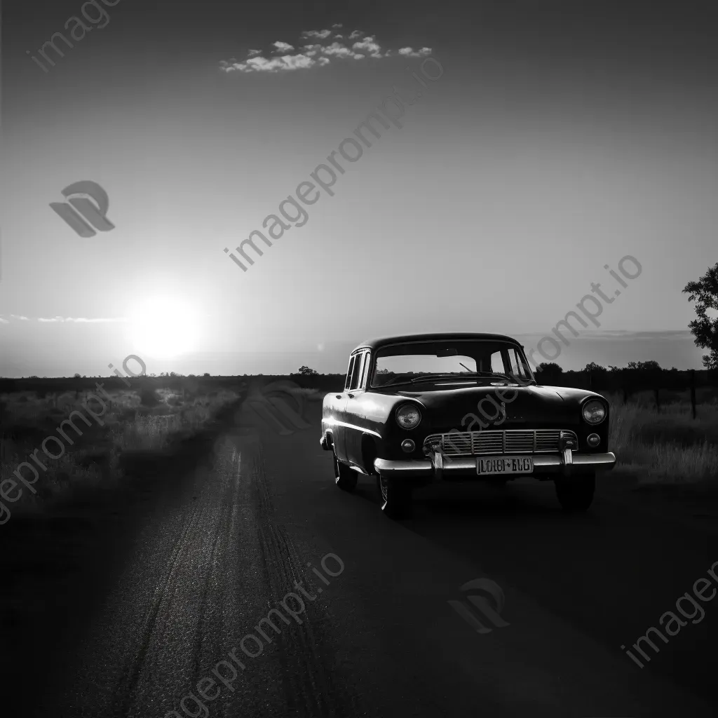 Vintage black and white car on deserted road at sunset - Image 2