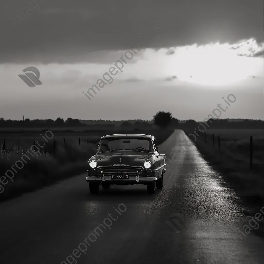 Vintage black and white car on deserted road at sunset - Image 3