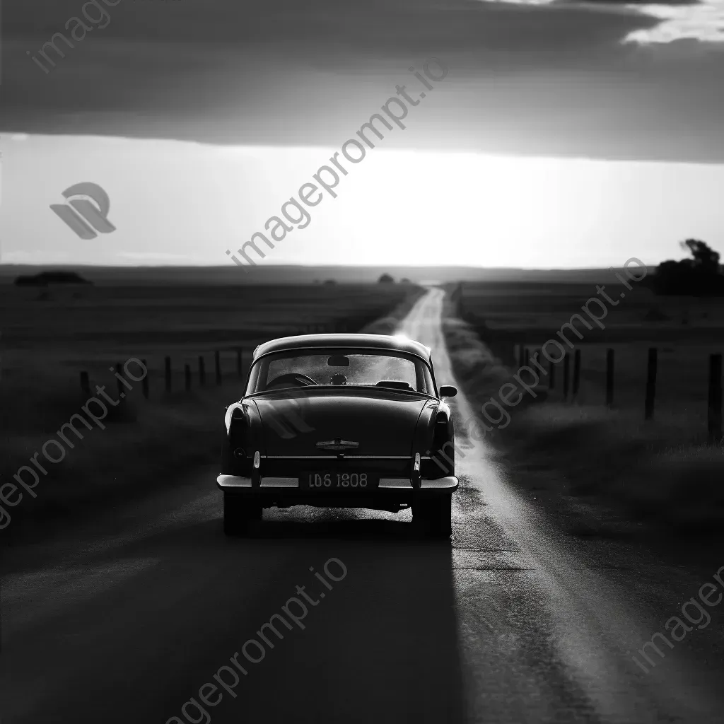 Vintage black and white car on deserted road at sunset - Image 4