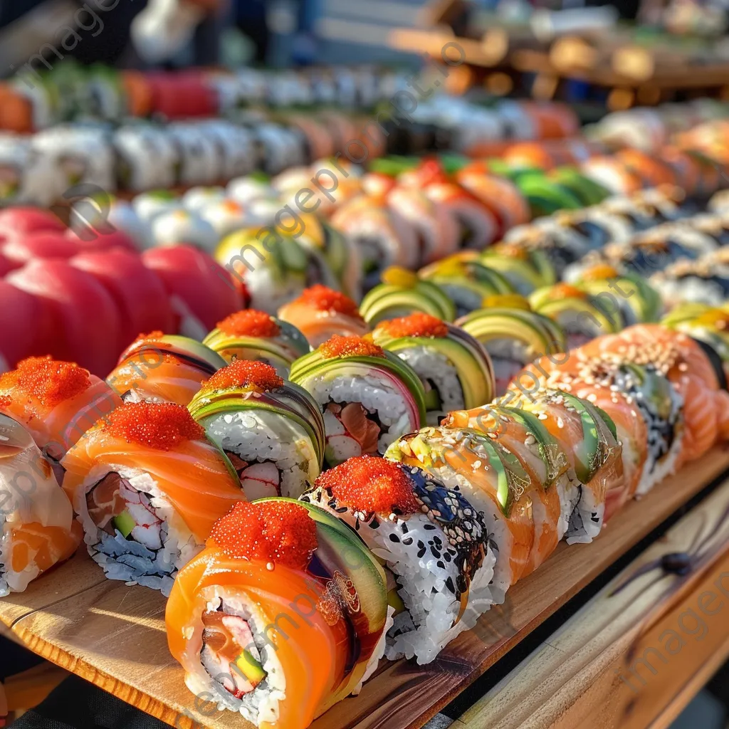 Array of sushi rolls on a wooden table at an outdoor street food market. - Image 1