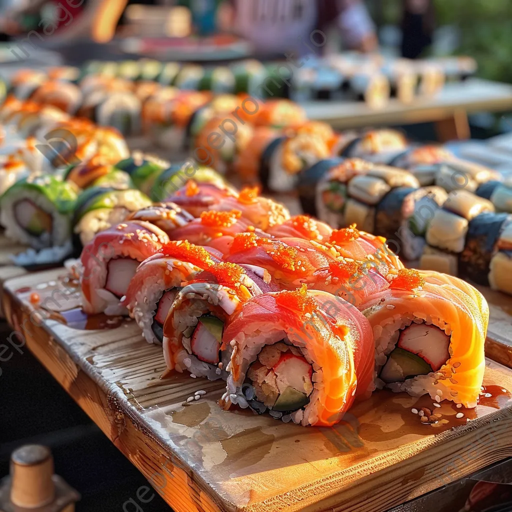 Array of sushi rolls on a wooden table at an outdoor street food market. - Image 3