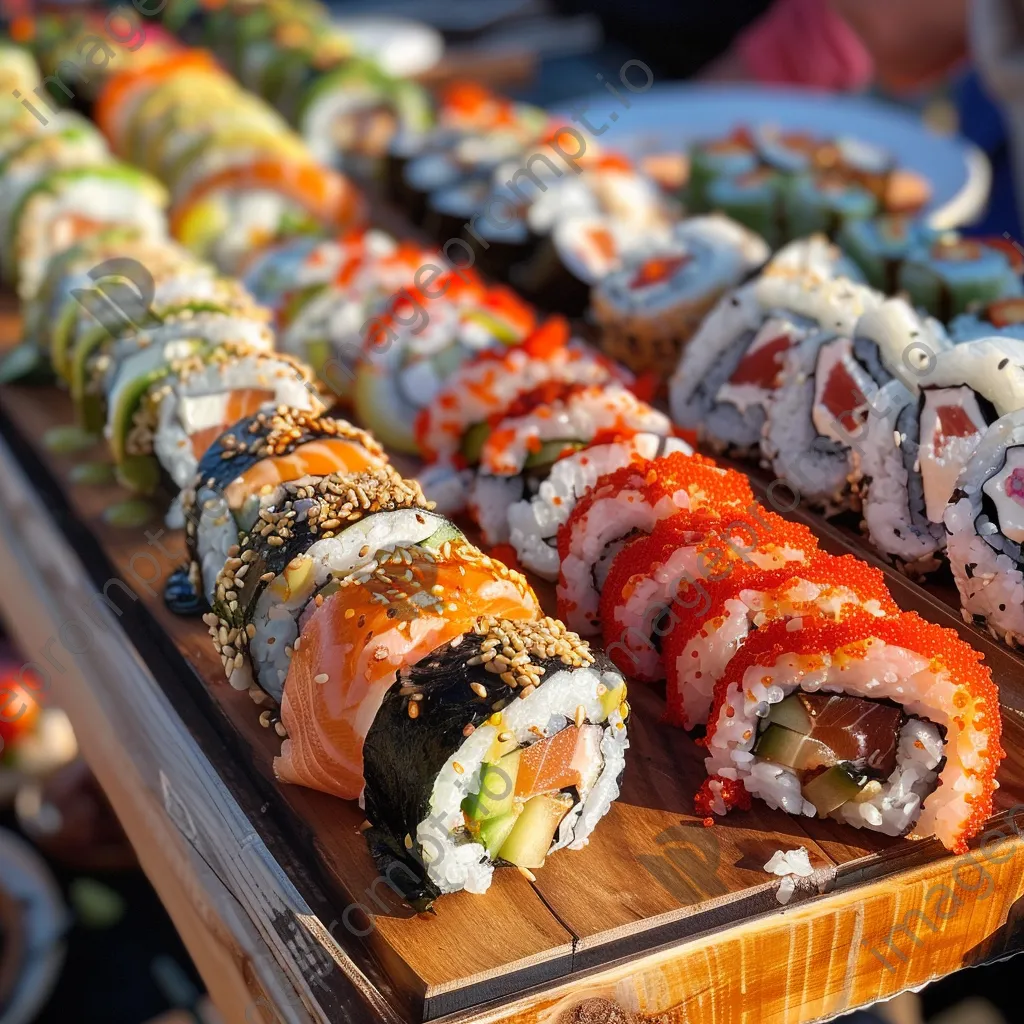 Array of sushi rolls on a wooden table at an outdoor street food market. - Image 4