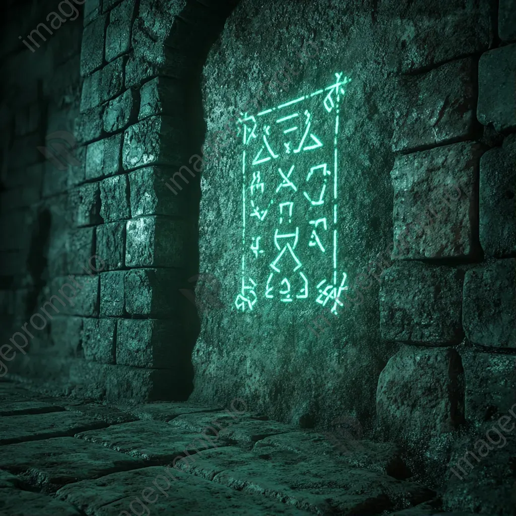 Photorealistic 3D rendering of ancient crypt wall runes casting an eerie green light - Image 1