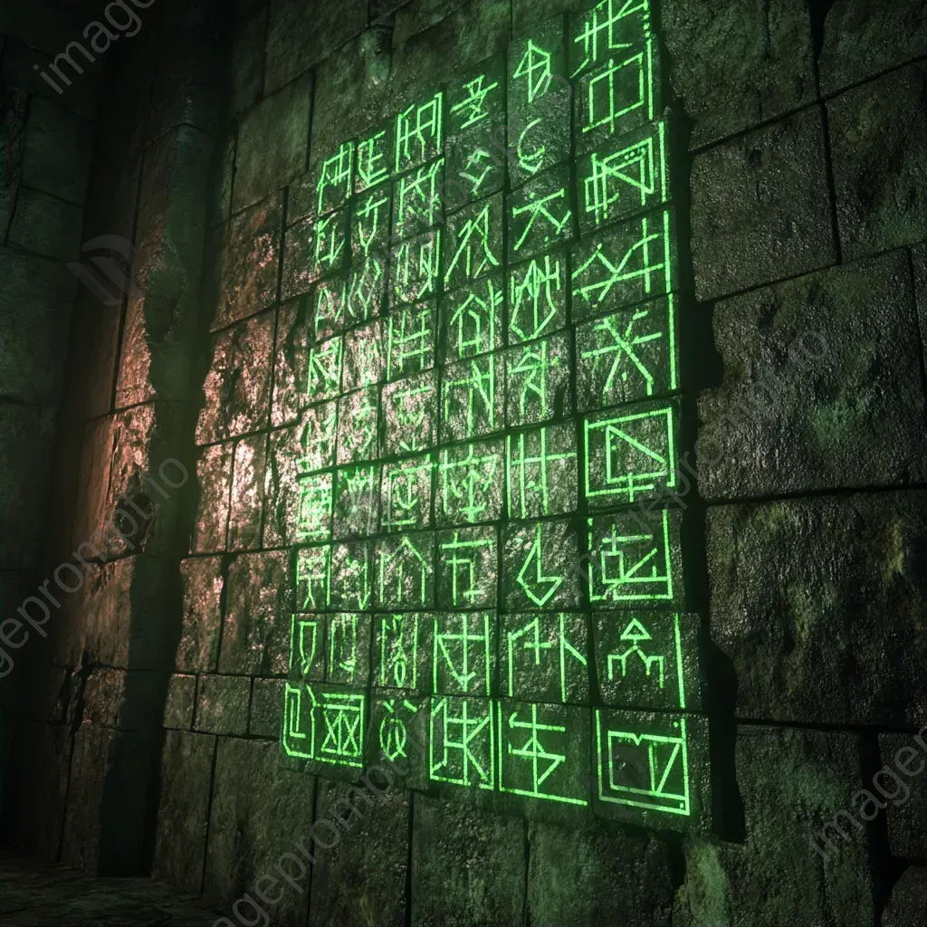 Photorealistic 3D rendering of ancient crypt wall runes casting an eerie green light - Image 2