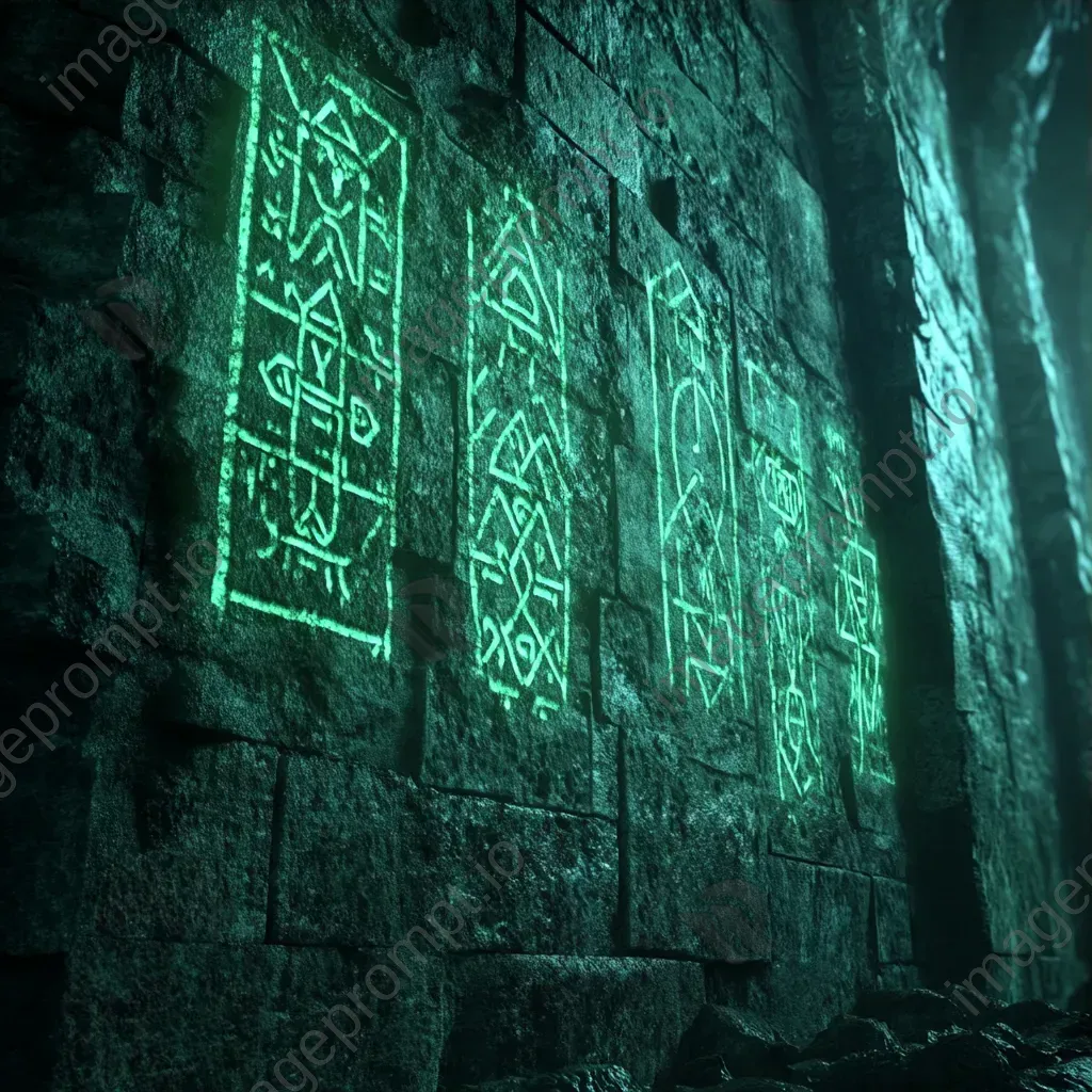 Photorealistic 3D rendering of ancient crypt wall runes casting an eerie green light - Image 3