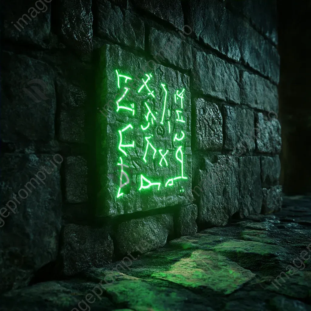 Photorealistic 3D rendering of ancient crypt wall runes casting an eerie green light - Image 4