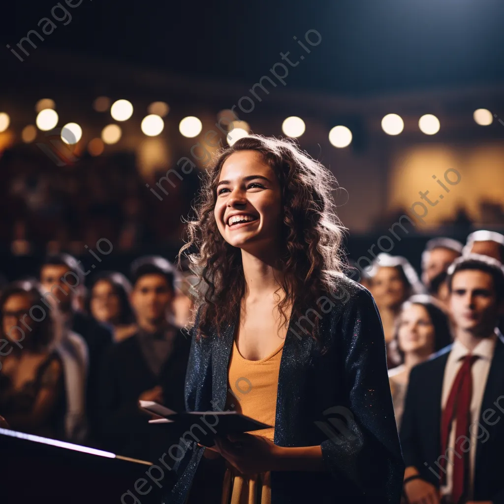 Graduate receiving diploma on stage at a graduation ceremony. - Image 1