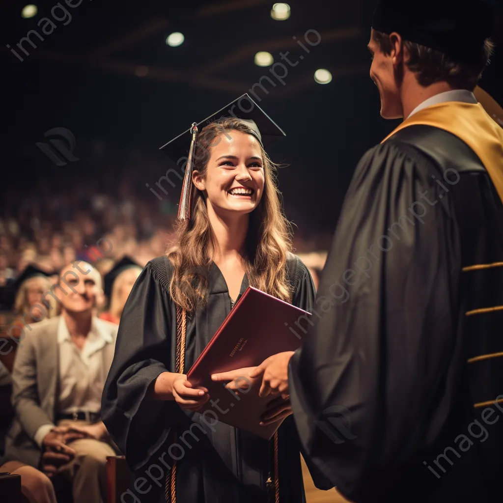 Graduate receiving diploma on stage at a graduation ceremony. - Image 3